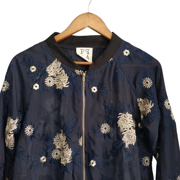 PPLA Starlit Woven Bomber Size Medium Mesh Navy Blue Embellished Zip Jacket - Picture 4 of 11